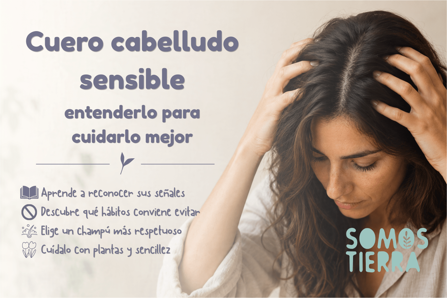 Mujer masajeando el cuero cabelludo sensible con las manos