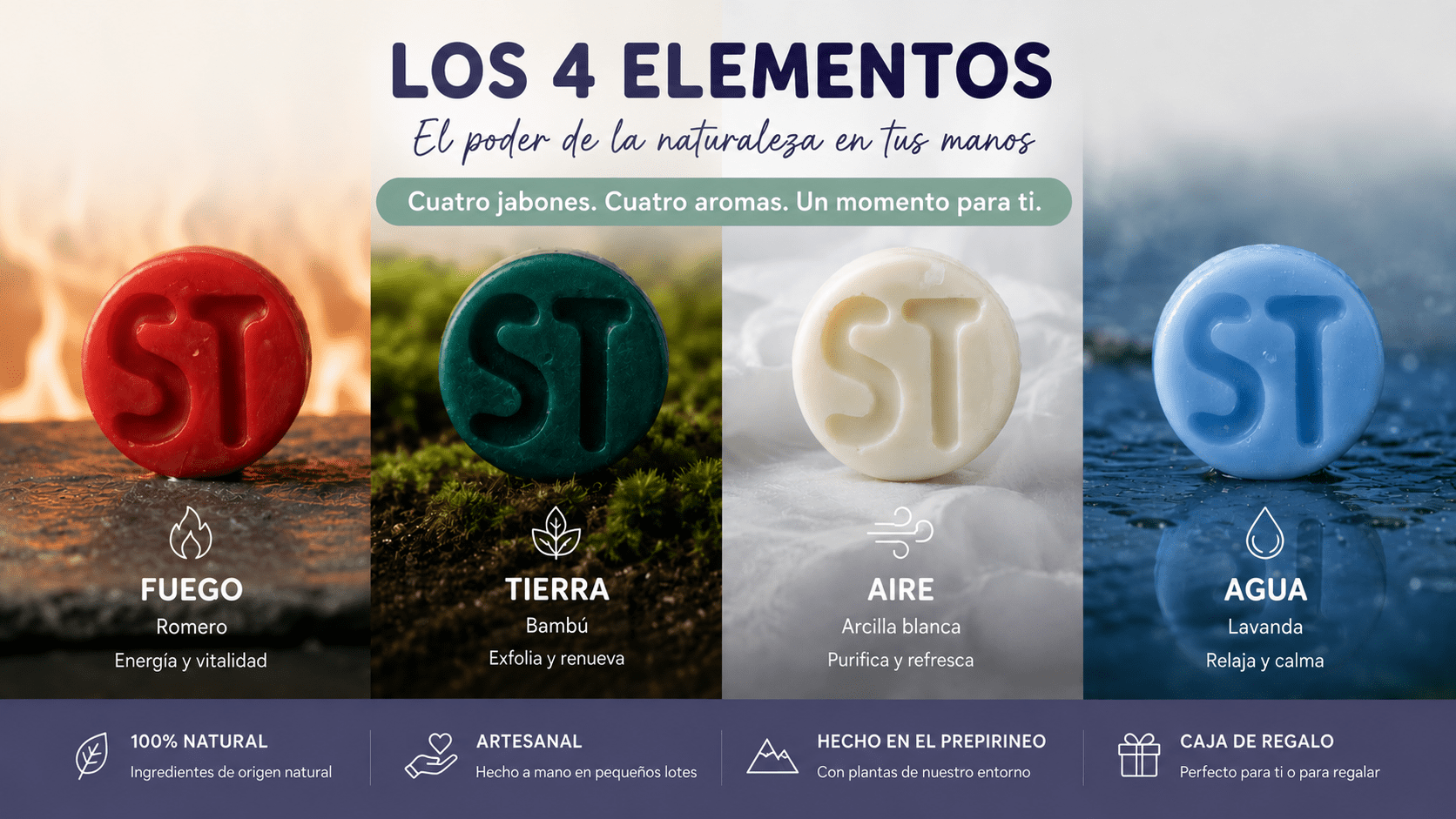 Los 4 Elementos, estuche con cuatro jabones artesanales inspirados en el fuego, la tierra, el aire y el agua.