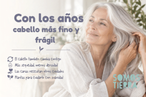 Mujer mayor con cabello blanco, fino y frágil, cuidando sus canas.